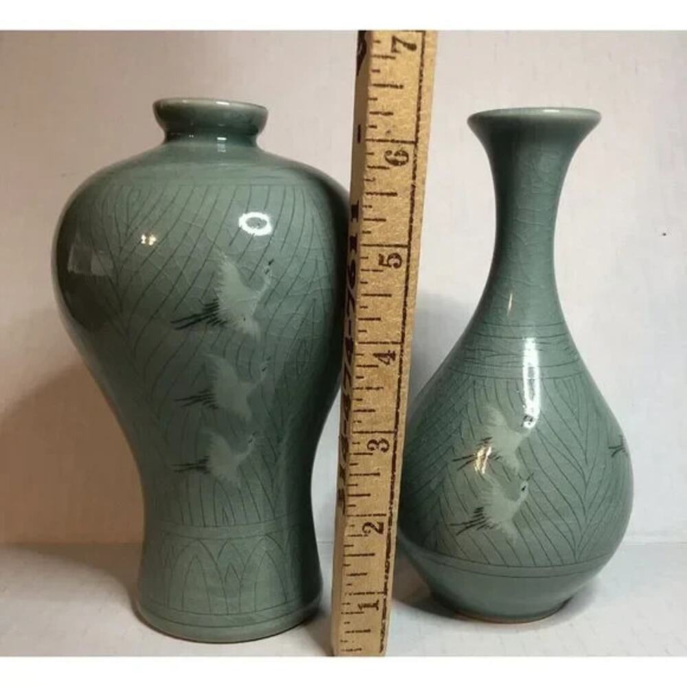 Pair Celadon Vase set Crane Crackle Glaze Decorate Green Pottery Asian Style - Picture 6 of 8